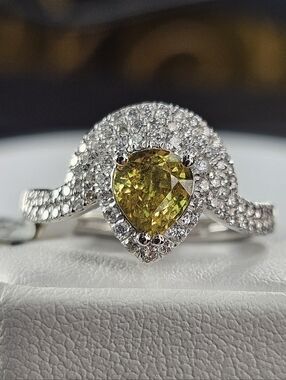 Certified Greenish Yellow Sapphire And Diamond Platinum Cocktail/Engagement Ring